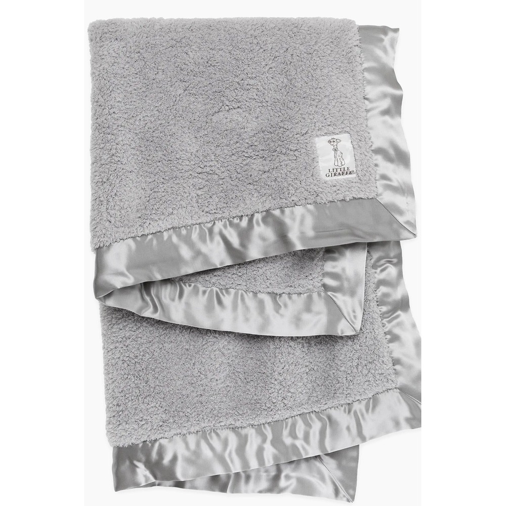 Little Giraffe Chenille Baby Blanket Silver Satin Trim Plush Luxury